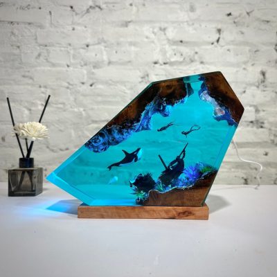 Polygon Deep Orca Whale and Diver Epoxy Resin Lamp