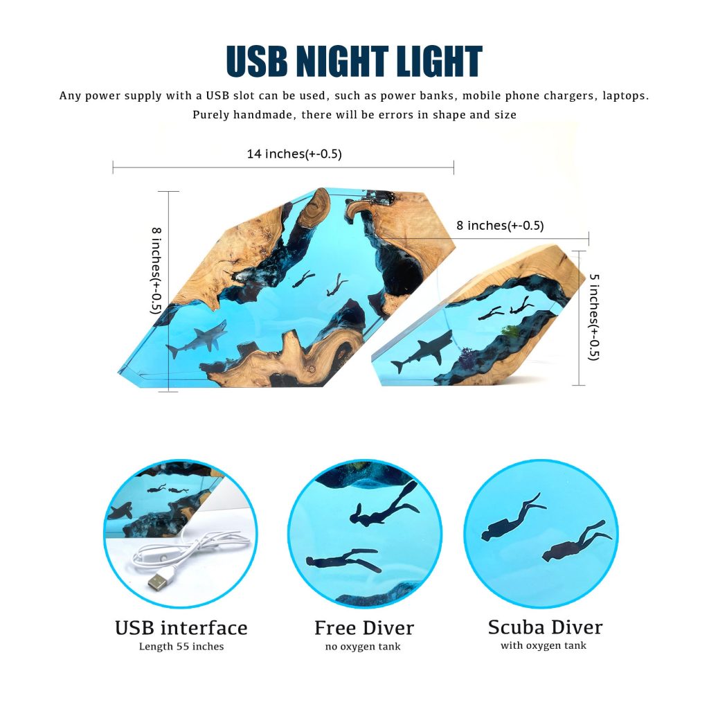 Hammerhead shark & Diver Night light, Miniscule Worlds Lamp, Large Epoxy Resin Wood, Birthday gift, Kids gift, Winter gifts