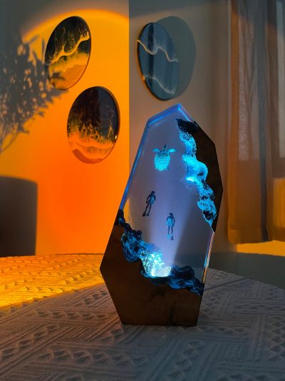 Sea Turtle & Couple Diver Night light, Winter gifts, Large Epoxy Resin Wood Table lamps, Home decor unique gift, Valentines day gift