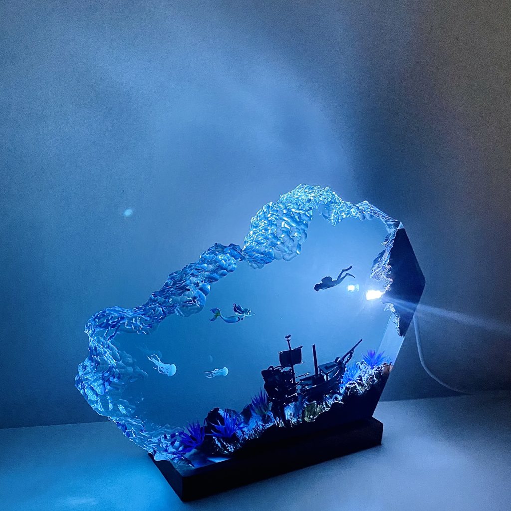 Resin Night Lights,  Little Mermaid & Human Epoxy Resin Wood Night light, Large Epoxy Resin Wood lamp, Free Diving, Unique Gift, Home decor