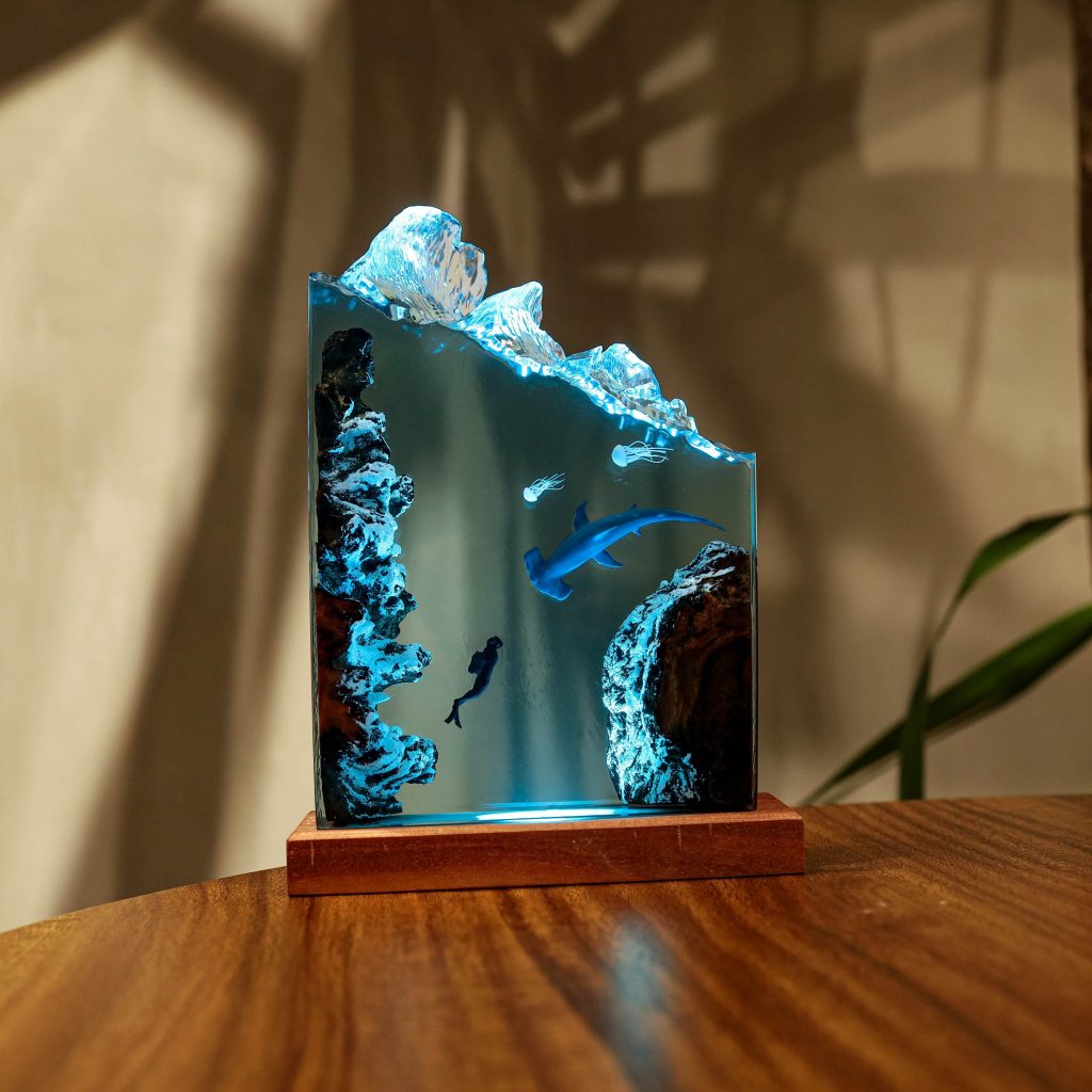 Hammerhead shark and diver Night Light, Epoxy and Wooden Night Lights, Epoxy Resin Wood Rustic, Home decor unique gift, Unique Gift