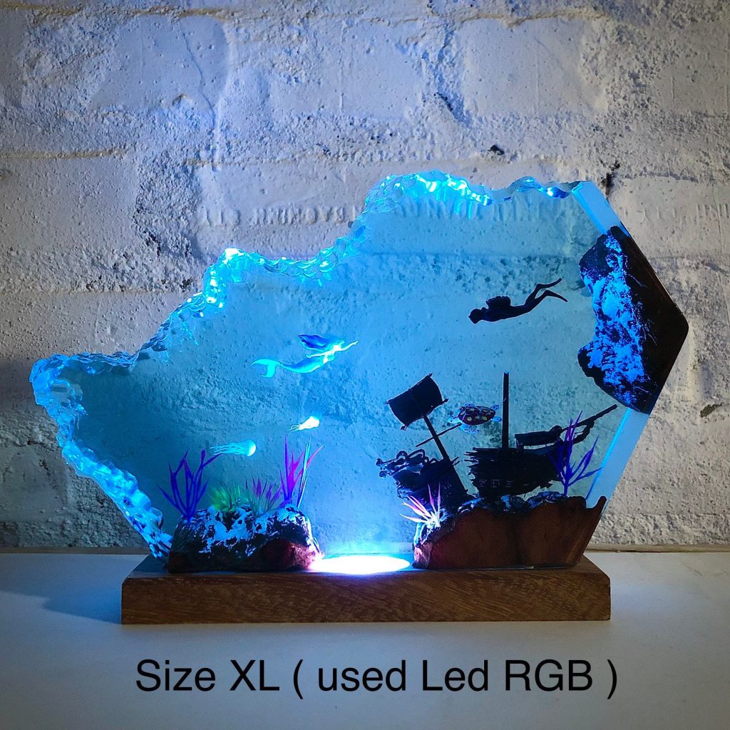 Resin Night Lights,  Little Mermaid & Human Epoxy Resin Wood Night light, Large Epoxy Resin Wood lamp, Free Diving, Unique Gift, Home decor