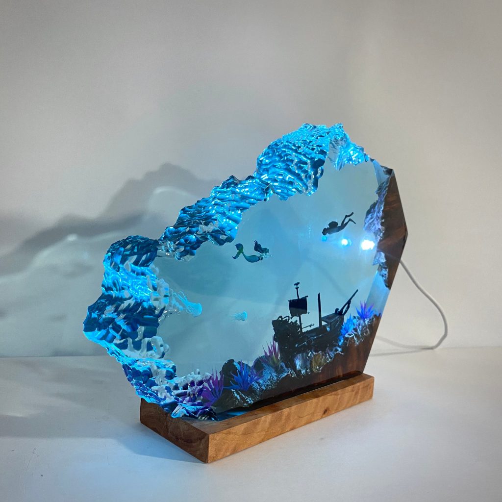 Resin Night Lights,  Little Mermaid & Human Epoxy Resin Wood Night light, Large Epoxy Resin Wood lamp, Free Diving, Unique Gift, Home decor