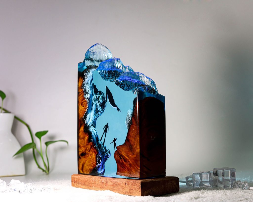 Humpback whale and Diver Night Lights ver 3, Resin wood lamp, Epoxy Resin Table Lamp, Valentine home decoration, Valentine gift for him