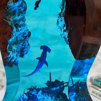 Epoxy Resin Ocean Lamp -  Hammerhead and Couple Diver Night light- Epoxy Resin Wood lamp- Headphone Stand-Unique Summer Gift- Home decor