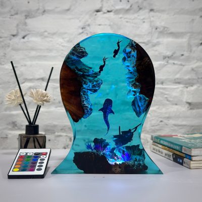 Epoxy Resin Lamp,Whale shark and divers headphone  stand,Resin art lamp,resin night light,Birthday gifts for him,Handmade gift.
