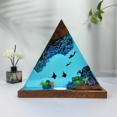 Manta Rays and Diver father and son Night Lights, deep ocean, Coral, Large Epoxy Resin Wood lamp, Epoxy Resin Table Lamp, Birthday gifts