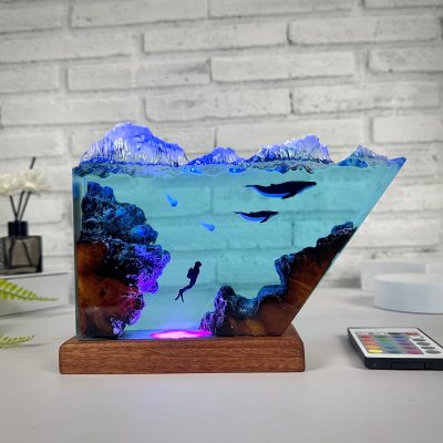 Humpback whale and diver night light,Epoxy resin wood lamp,Scuba diving night light,Christmas gift for him,Unique summer gift,home decor