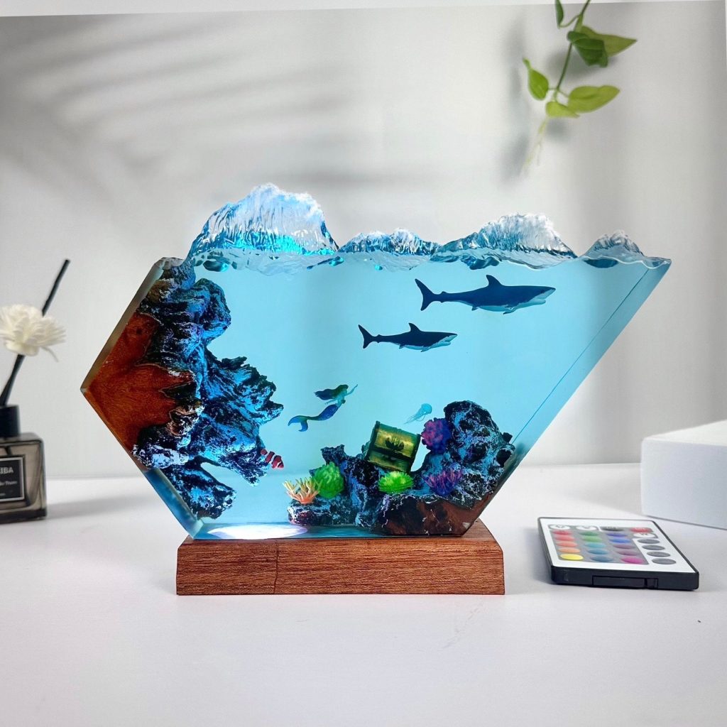 Shark & Mermaid Looking For Treasure Epoxy Resin Lamp