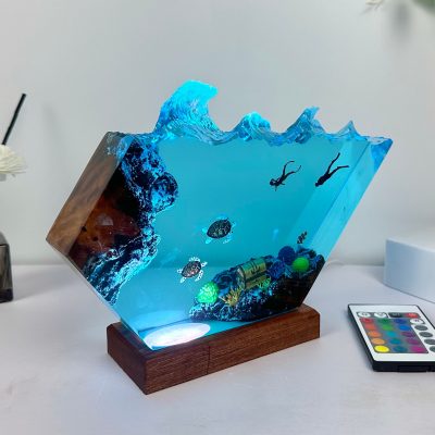 Sea turtle and couple Diver Night Lights, Ocean Night Light, Resin wood lamp,  Home decor, Kids gift, Gift for mom, Deep Blue Sea