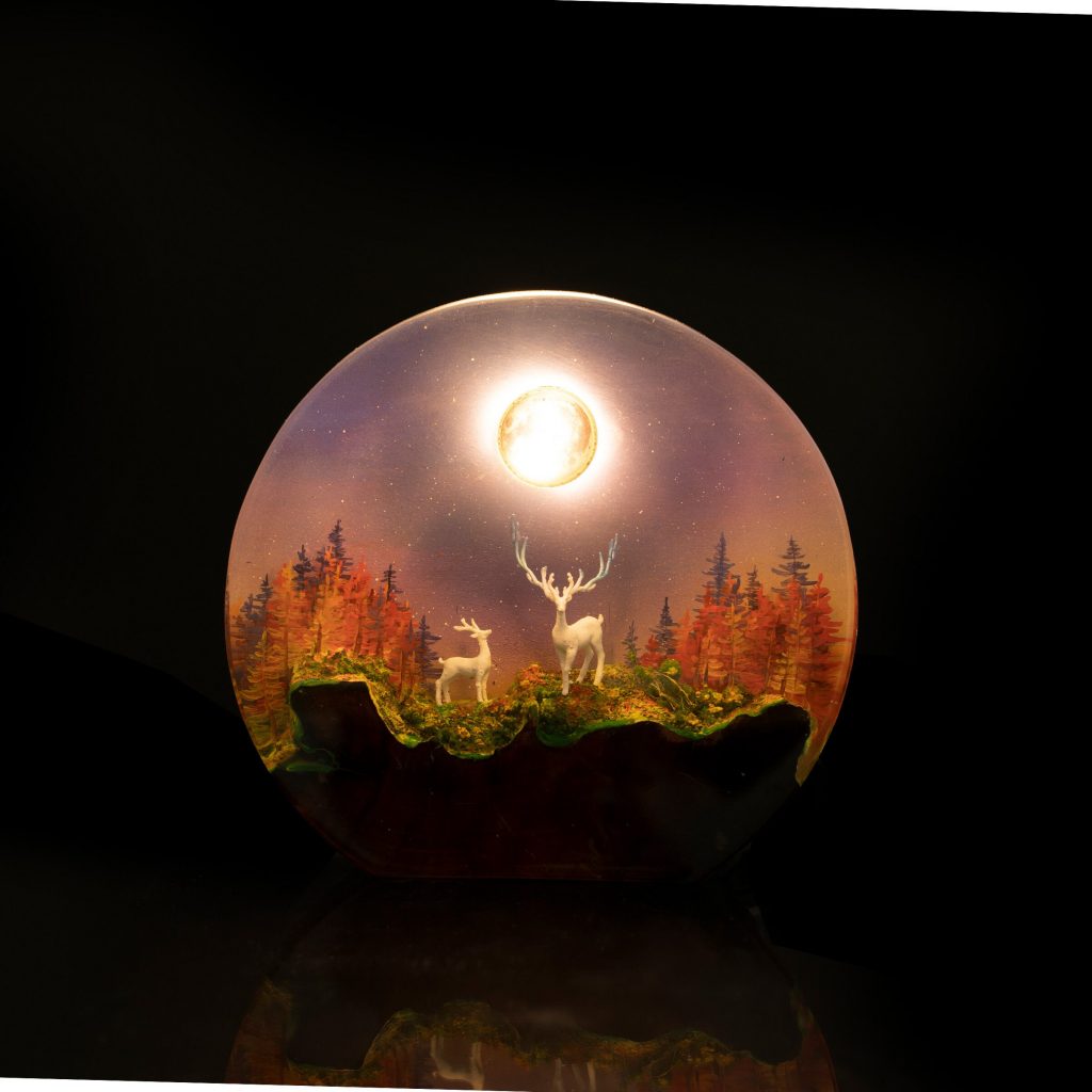 Deers and Colorful Forest Epoxy Resin Lamp