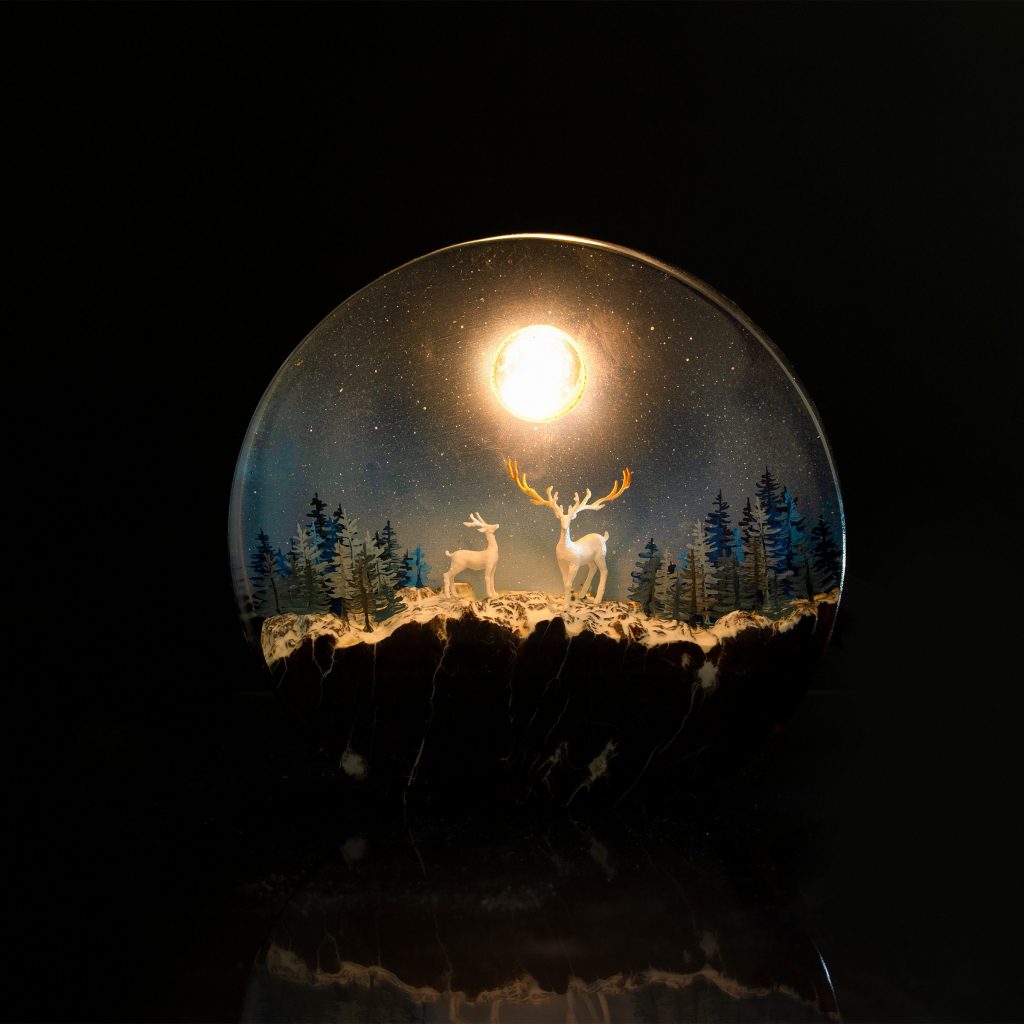 Deers and Snow Forest Epoxy Resin Lamp - Warm Light