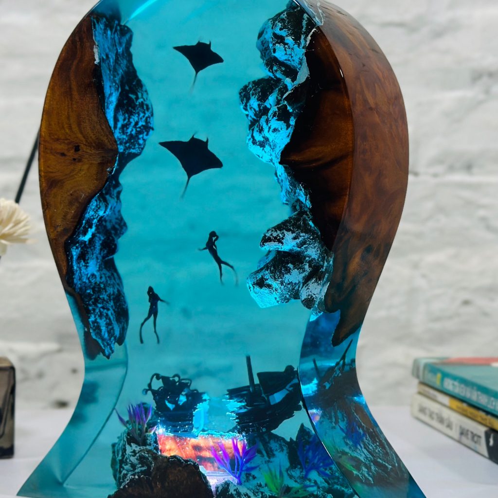 Manta rays and divers Headphone stand led, resin lamp, customized night light, handmade gift