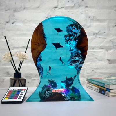 Manta rays and divers Headphone stand led, resin lamp, customized night light, handmade gift