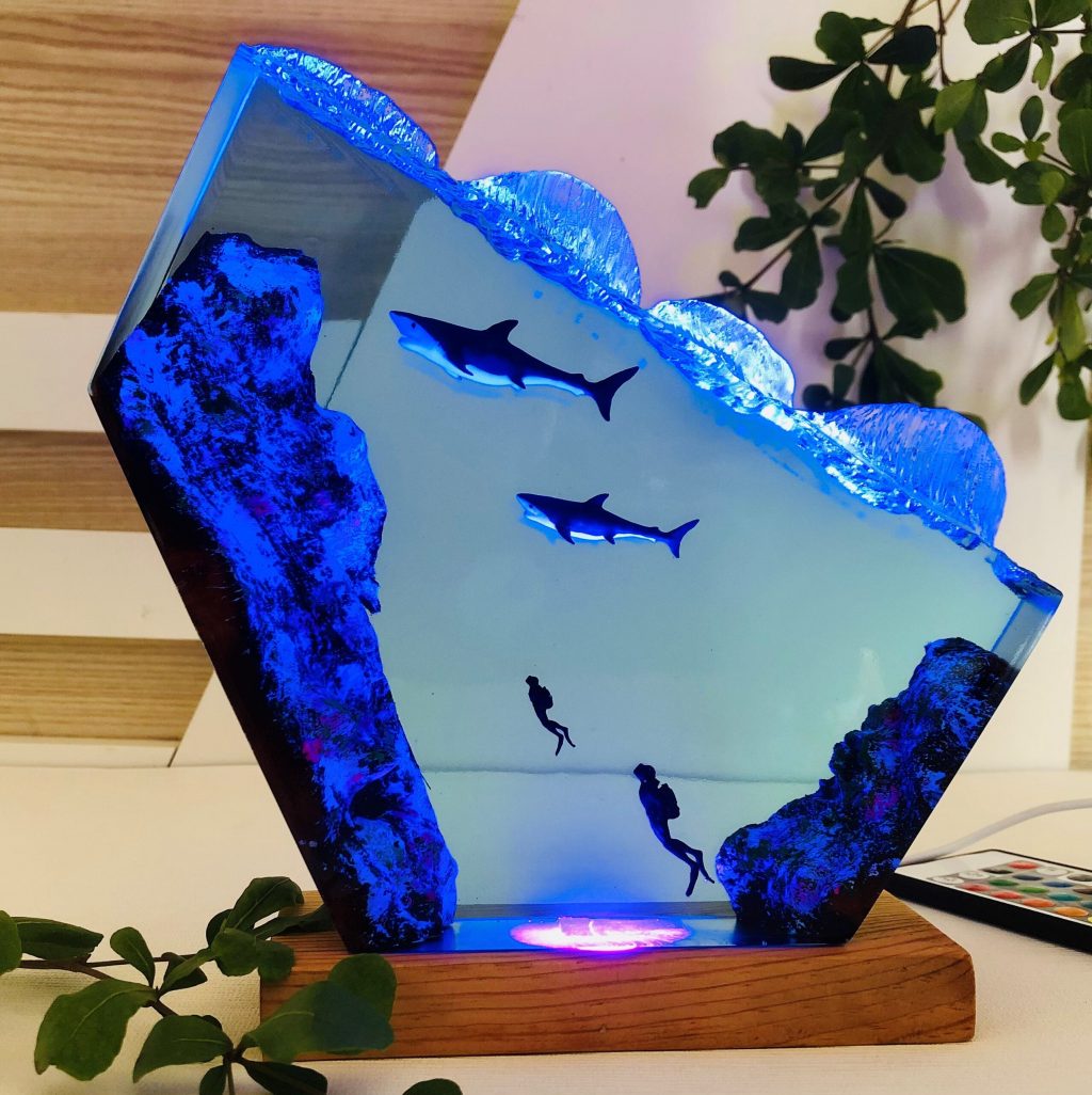 Mother and baby Sharks, Epoxy and Wooden Night Lights, Lighting Home Decor, Ocean Resin Lamp, Wooden Table, Birthday Gifts, Gifts for Mom
