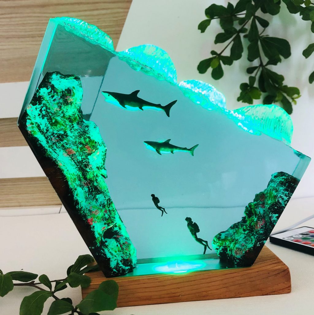 Mother and baby Sharks, Epoxy and Wooden Night Lights, Lighting Home Decor, Ocean Resin Lamp, Wooden Table, Birthday Gifts, Gifts for Mom