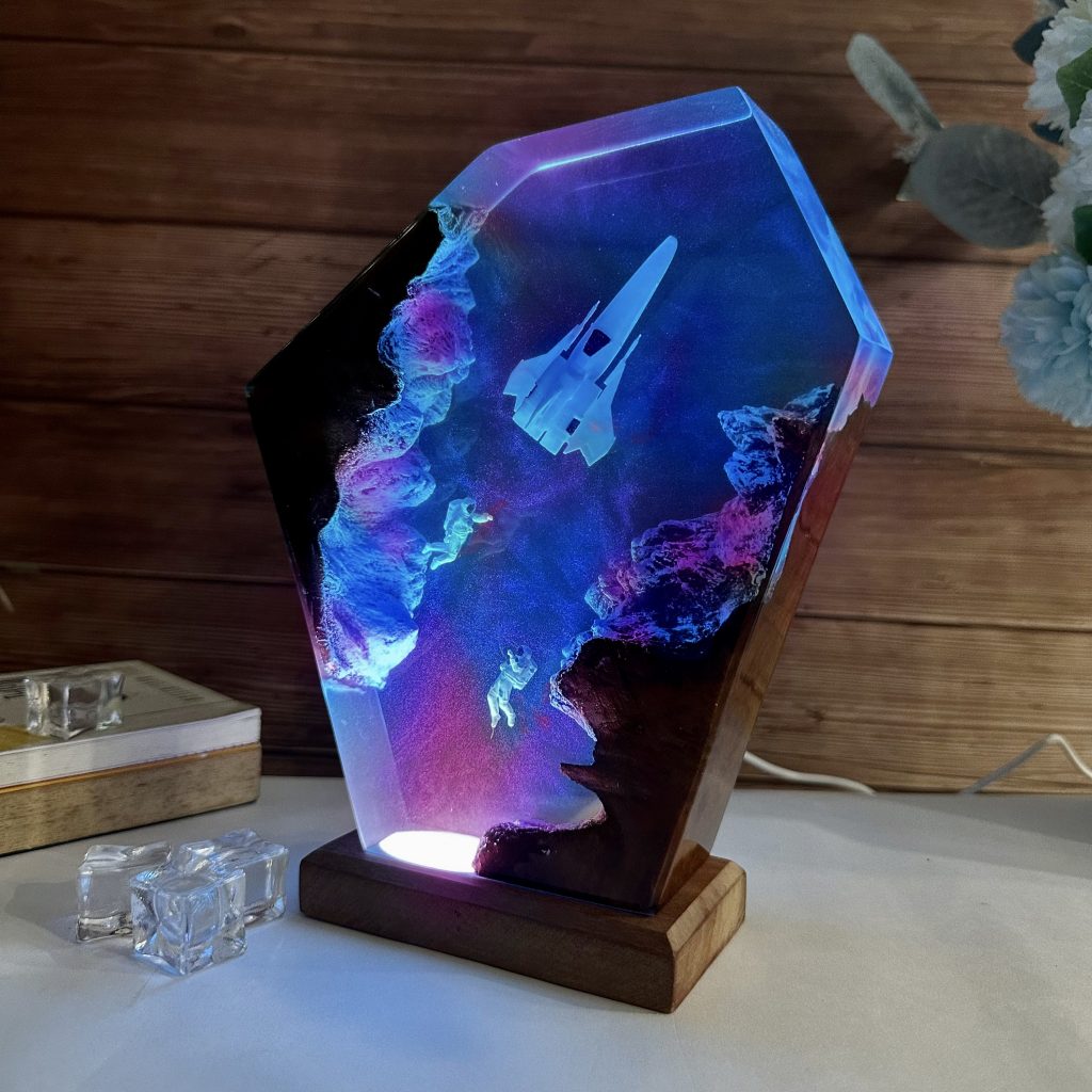 POLYGON| Spaceship resin art lamp, Astronaut night light, Epoxy Resin Wood Rustic, Home decor unique gift, gift for her