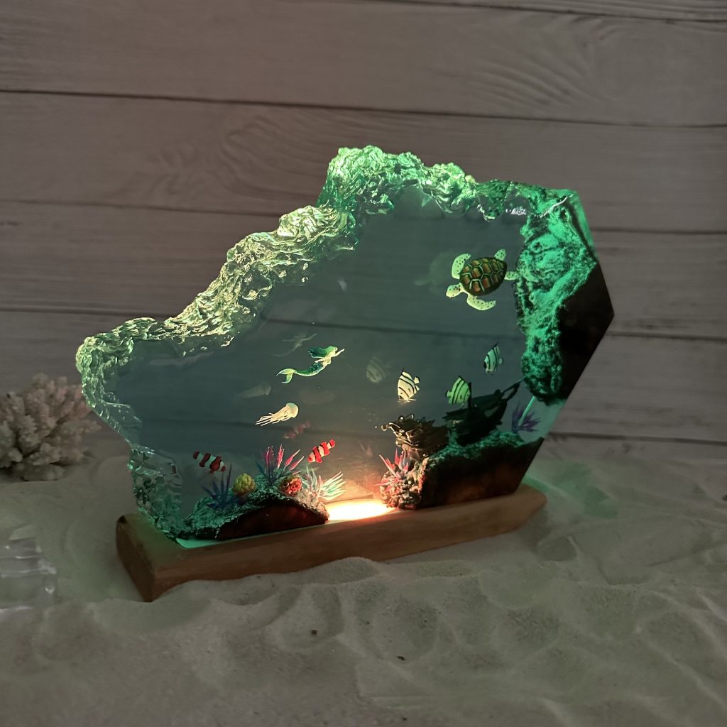 Mermaid and turtle resin lamp, resin night light, handmade gift, birthday gift, furniture and decor